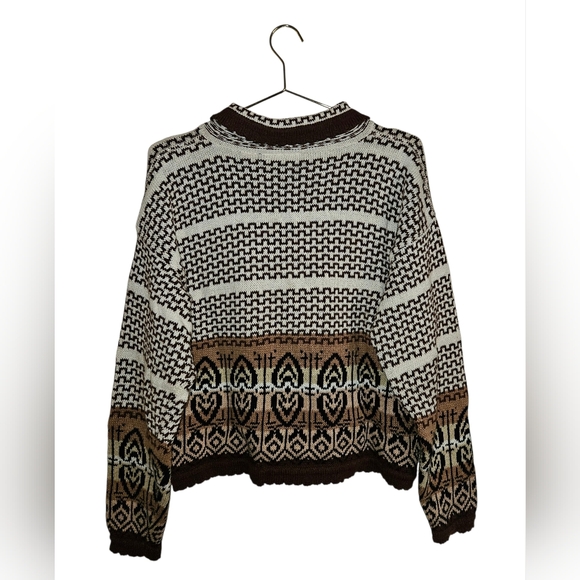 Vintage 90s Coach & Camel Brown Fair Isle Nordic Print Button-up Knit Cardigan M - Picture 5 of 8